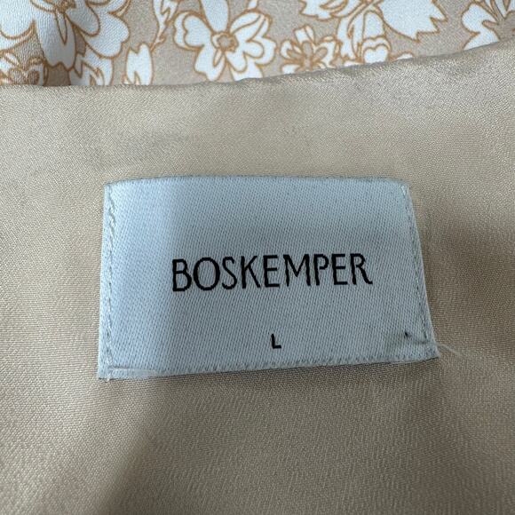 Boskemper Floral Mini Dress Beige White Size L EUC Pleated Tiered Ruffle Ruched - Picture 3 of 8